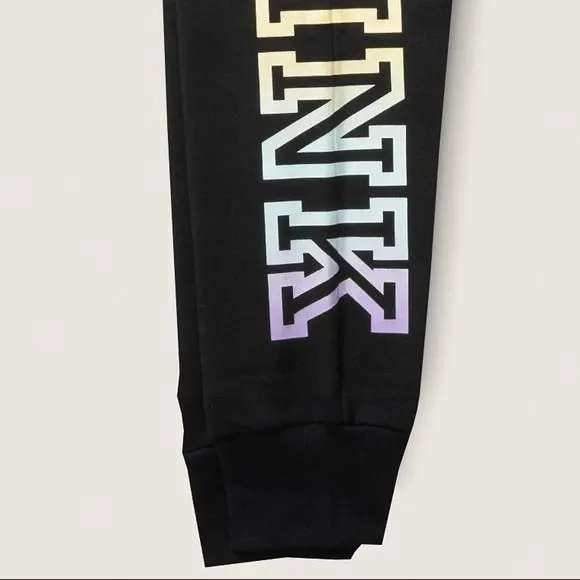 NWT VS PINK EVERYDAY LOUNGE SKINNY JOGGER SWEATPANTS BLACK/RAINBOW LOGO PRINT - Picture 5 of 14